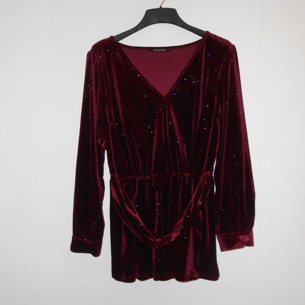 Bloomchic Velvet Blouse with sparkles, Wine, Size 18-20